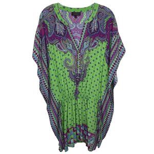 HALE BOB Silk Caftan Dress M Green Purple Paisley Resortwear Swim Cover